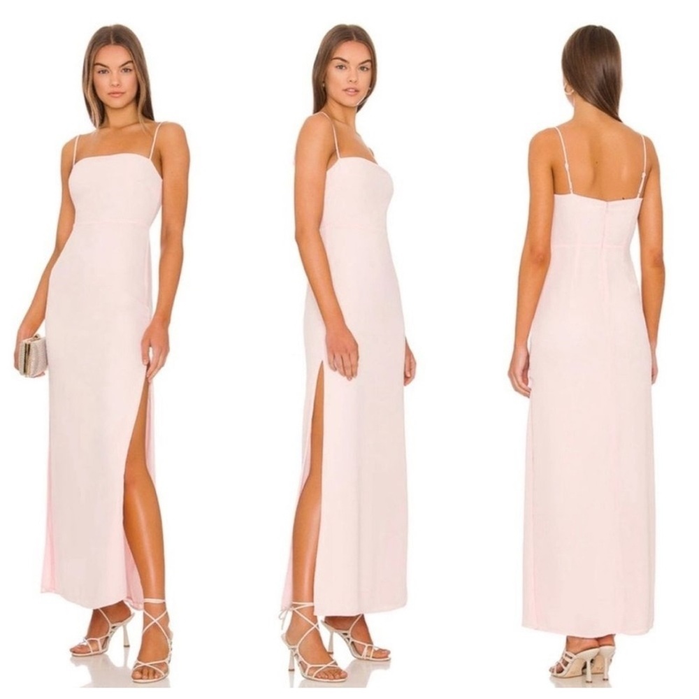 💗Superdown Light Pink Satin Maxi Dress S ✨ Spaghetti Strap Slit Bridesmaid Gown💗
